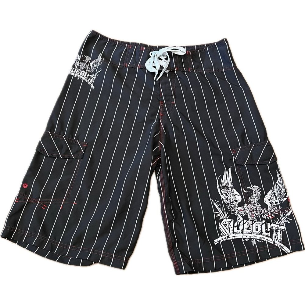SIDEOUT Black and White Stripe Eagle Board Shorts Swim Trunks Surf Beach
